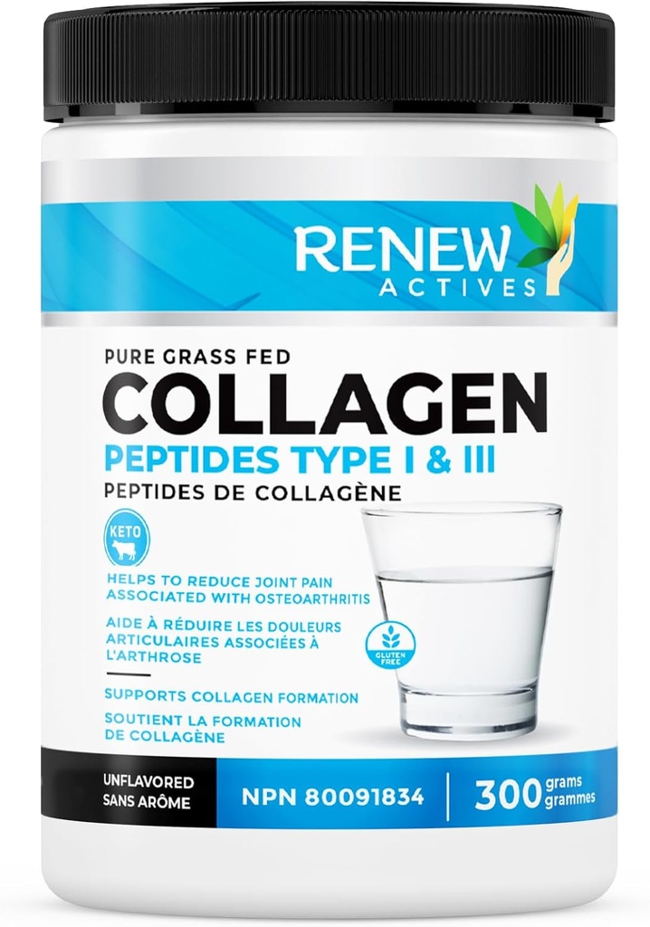 Renew Actives Hydrolyzed Collagen Peptides Powder 10G per Serving - Premium Grass- Fed Collagen for Skin, Joints & Hair - 9.4g Protein - Podporuje kolagen Formation & Muscle Recovery - Made in Canada