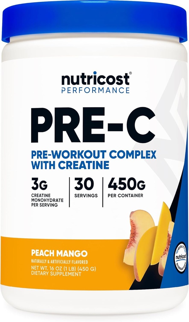 Nutricost Pre- C Pre- Workout Komplex s Creatine (Peach Mango 124; 30 Servings) Prášek - Zvýšení Fintess Rutines, 450g