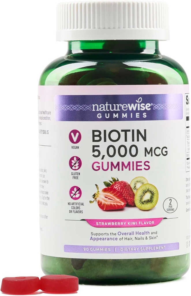NatureWise Biotin Gummies - Podporuje zdravé vlasy, kůži a silné nehty - Vitamin B7 5000mcg - Přírodní krása - Strawberry-Kiwi Flavor - Vegan, Non- GMO, Lepek zdarma - 90 Počet [45 denní dodávky]
