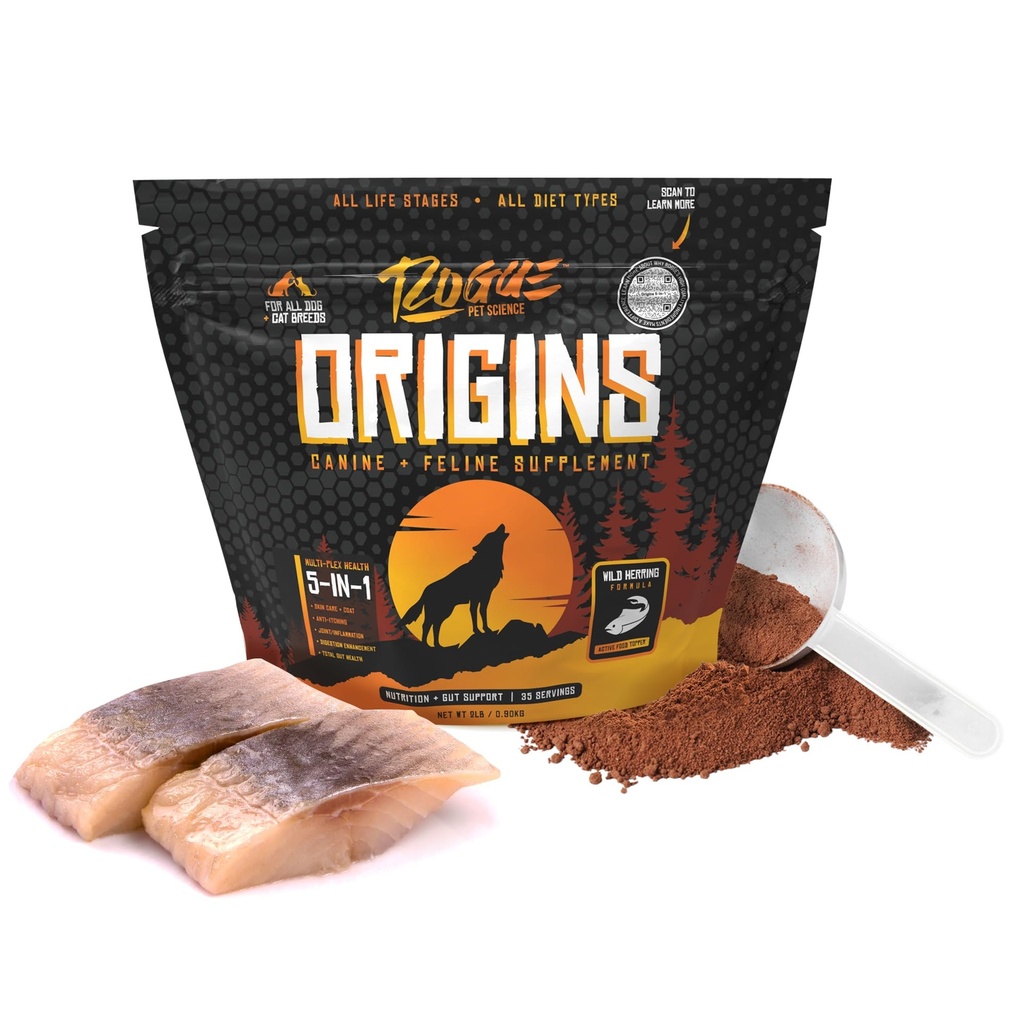 ROGUE PET SCIENCE Origins 5-in-1 Dog Supplement - Powder Food Topper w / Natural Omega 3 Fish Oil - Podporuje zdravé trávení, kůže, a coat - Pomáhá snížit svědění a společné záněty (2 libry)