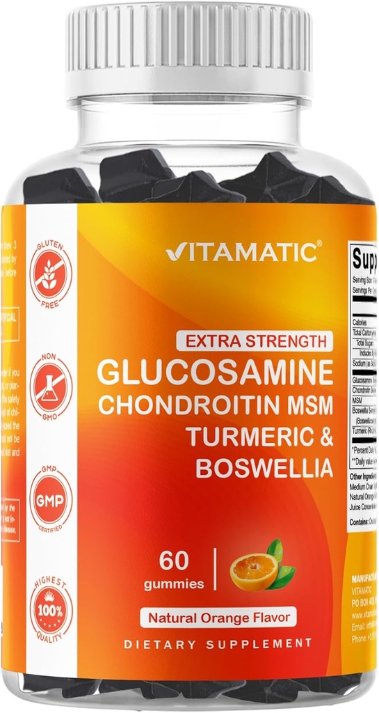 Vitamatická Extra síla Glucosamine Chondroitin Gummies s MSM, Turmeric & Boswellia - 60 Pectin- based Gummies Advanced Joint Support Formule - Sugar- Free, Non- GMO, Gelatin- Free