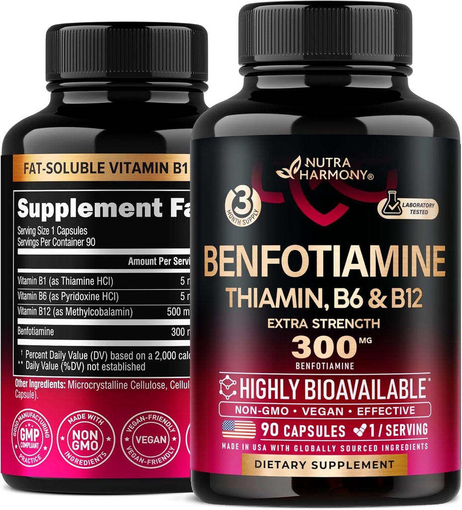 Benfotiamin 300 mg - Nerve Support, Energy & Metabolismus Support - Benfotiamin Supplement Fat- Soluble Vitamin B1 - Vysoce biologicky dostupný a absorbovatelný - s Thiamin, Vitamin B12 & B6 - 90 Kapsle