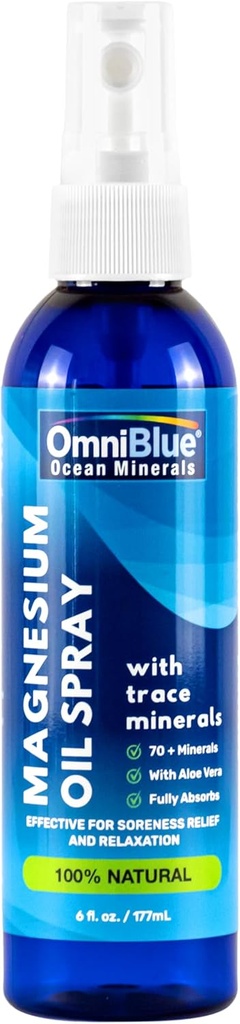 OmniBlue Magnesium & Ocean Mineral Spray- Topical, Ionic & Bioavailable Trace Minerály - Reliéf pro bolestivost, křeče, klouby a spánek - Spray Absorbs Fast, No Sting - USA Made (6oz)