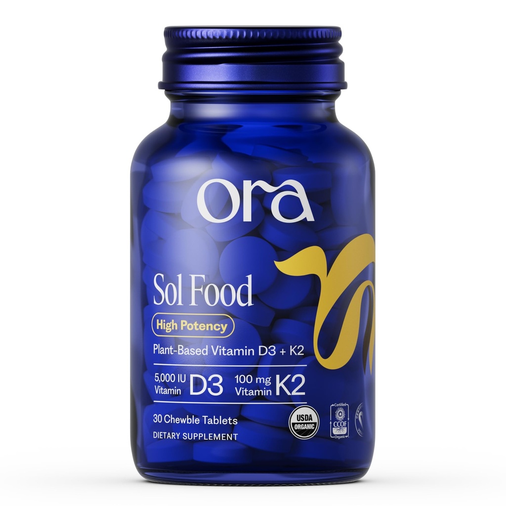 Ora Organic Vitamin D3 5000IU + K2 - Vegan Vitamin D z Lichen a K2 z Chickray pro zdraví kostí, imunitní podpora, & Mood, Maximální absorpce - 1 měsíční dodávka, 30 Žvýkací tablety