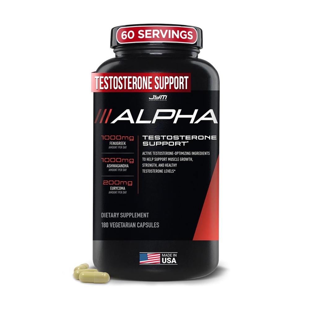 Alpha JYM Testosteron Podpora 124; Mužské vitality, Hormon Optimalizace, Ashwagandha, Fenugreek, Eurycoma, Damiana, Quercetin, DIM 124; JYM Supplemental Science 124; 180 Vegetariánské kapsle