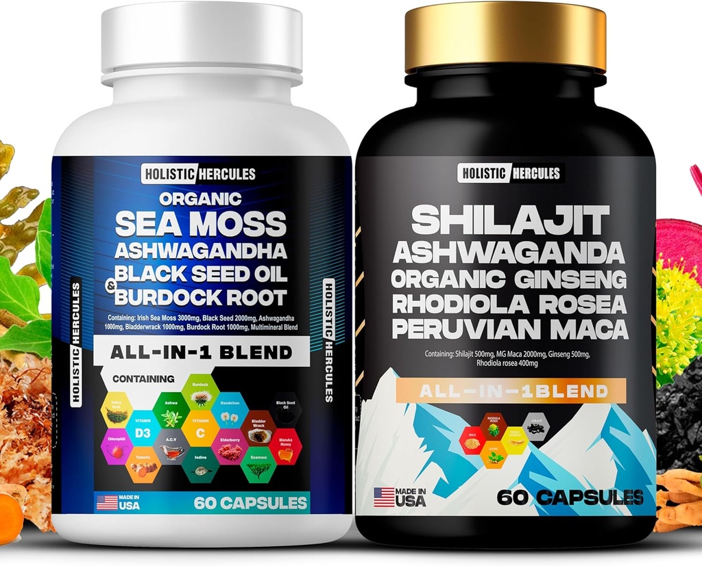 Holistic Hercules Classic Combo Bundle - Sea Moss 3000mg, Black Seed 2000mg, Ashwagandha 1000mg, Shilajit 5000mg, Panax Ginseng 1500mg, Peruvian Maca 2000mg, All in 1 Supplementary Pack