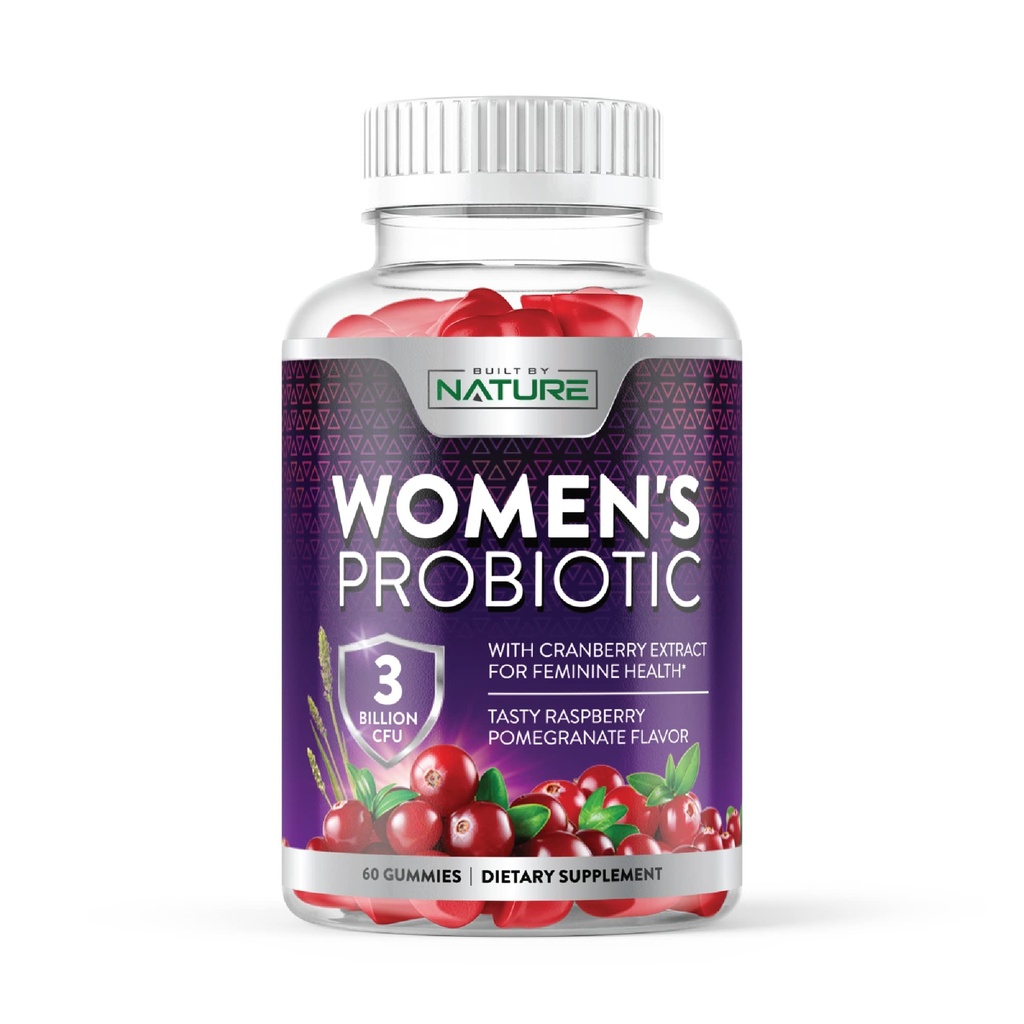 Postaven přírodou probiotika pro ženy Gummies 3 Miliony CFU, 6 Probiotické proužky s brusinkovým doplňkem, trávicí, imunitní, Vaginální a močové zdraví, Stabilní, 60 Gummy
