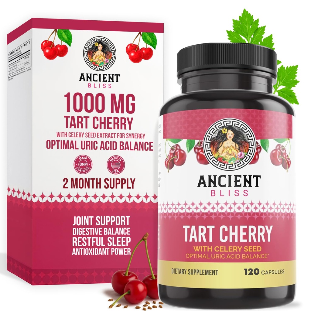 Starověké Bliss Tart Cherry Kapsle, Zánět & Společná podpora Dodatek pro muže a ženy, Tart Cherry dodatek k podpoře trávení, Spánek & Vitalita (120 Kapsle)
