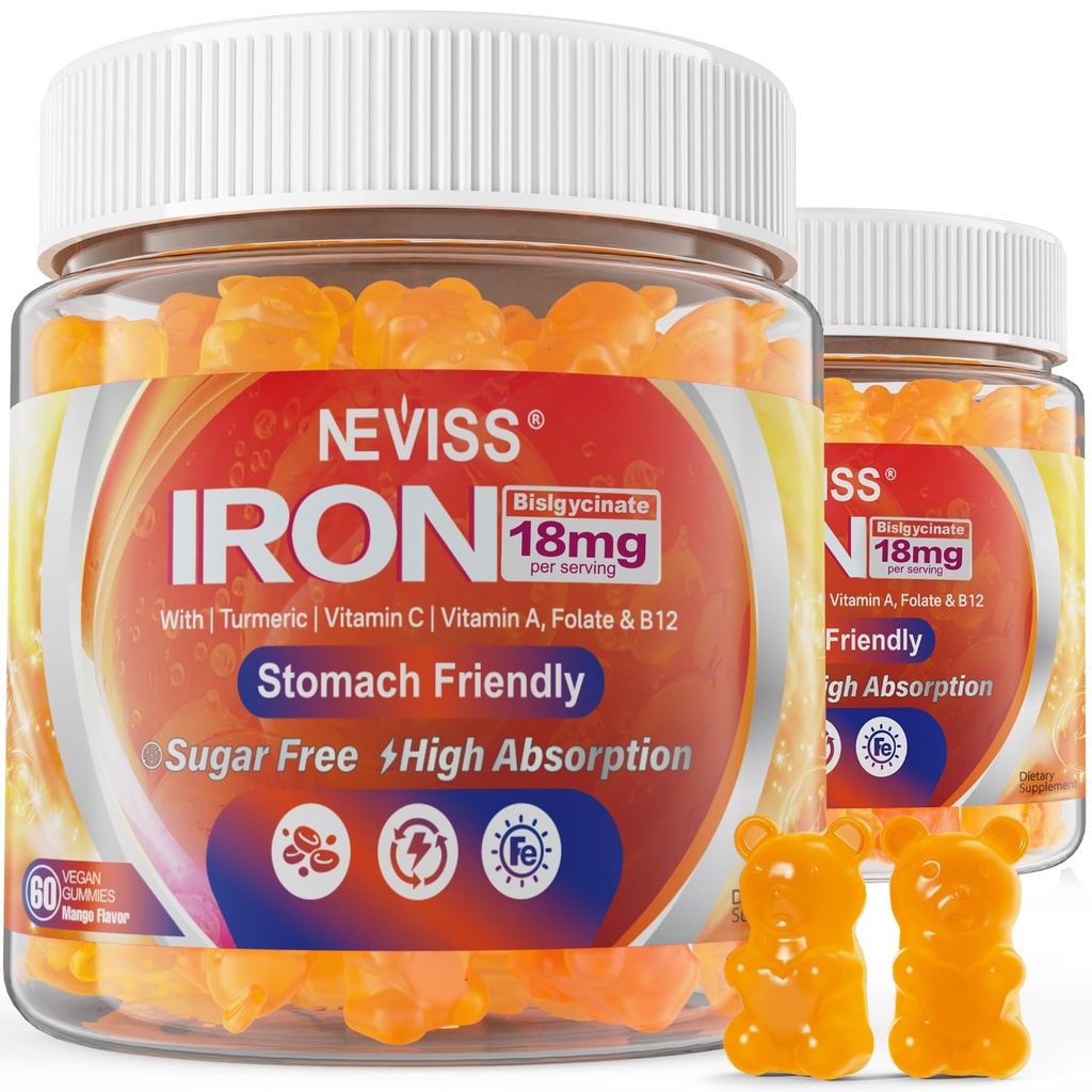 Veganské železné gumy dodatek s vitamínem C, B12, Folát a kurkuma - Energie a imunitní zdraví 124; Gumový železný bisglycinát 18mg Gentle & Non- Constipating - Ženy & Muži, 2 Pack