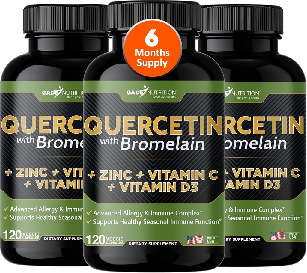 Gade Nutrition Quercetin s vitaminem C a zinkem - Quercetin 500 mg - Quercetin s Bromelainem - Zinek Quercetin doplňky + Vitamin D3 (Non- GMO, gluten- Free, Vegan) - 6 Měsíční dodávky