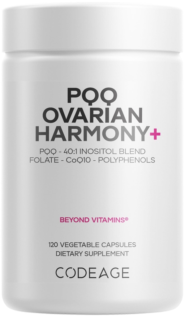 Codeage PQQ Ovarial Harmony + Supplement - PQQ (Pyrrolochinolin Quinone), Myo- Inositol & D- Chiro- Inositol 40: 1 Směs, Folát 5-MTHF, CoQ10, Wild Blueberry - Lipozomální dodávka - Non- GMO - 120 Kapsle