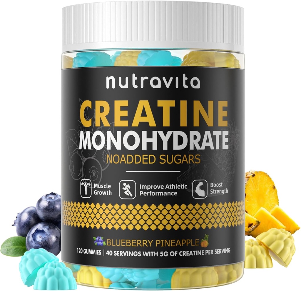 Nutravita Creatine Monohydrát Gummie pro muže a ženy - 5g Creatine Monohydrátu na jedno podání - Bez cukru, Vegan, Borůvkový ananasový flavor, 120 Počet