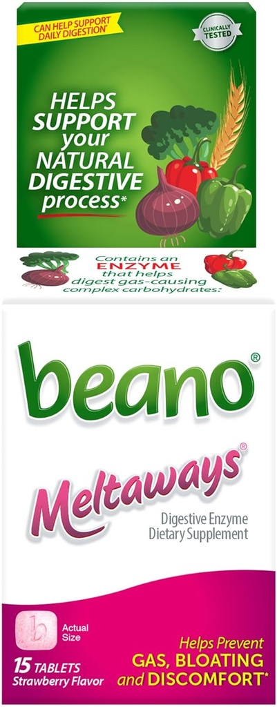 Beano Meltaways, Gas Prevention & Digestive Enzyme Supplement, Strawberry Flavor, 15 Počet