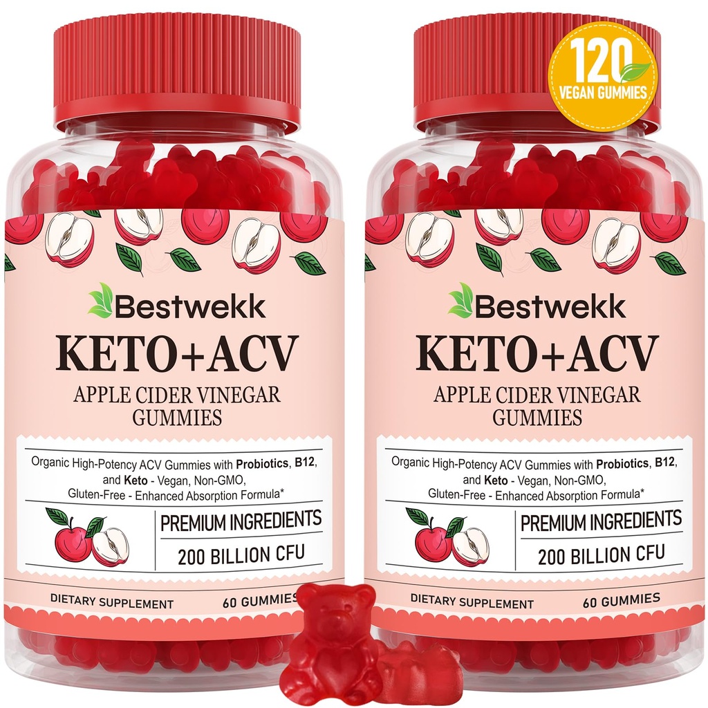 Jablečné octové gumy, Max síla 2000mg ACV Gummy s probiotika, B12 a Keto podpora, pro stravení, metabolismus, Detox, Gut & imunitní zdraví, Gelatin- Free, Non- GMO, 120 keto acv gumies
