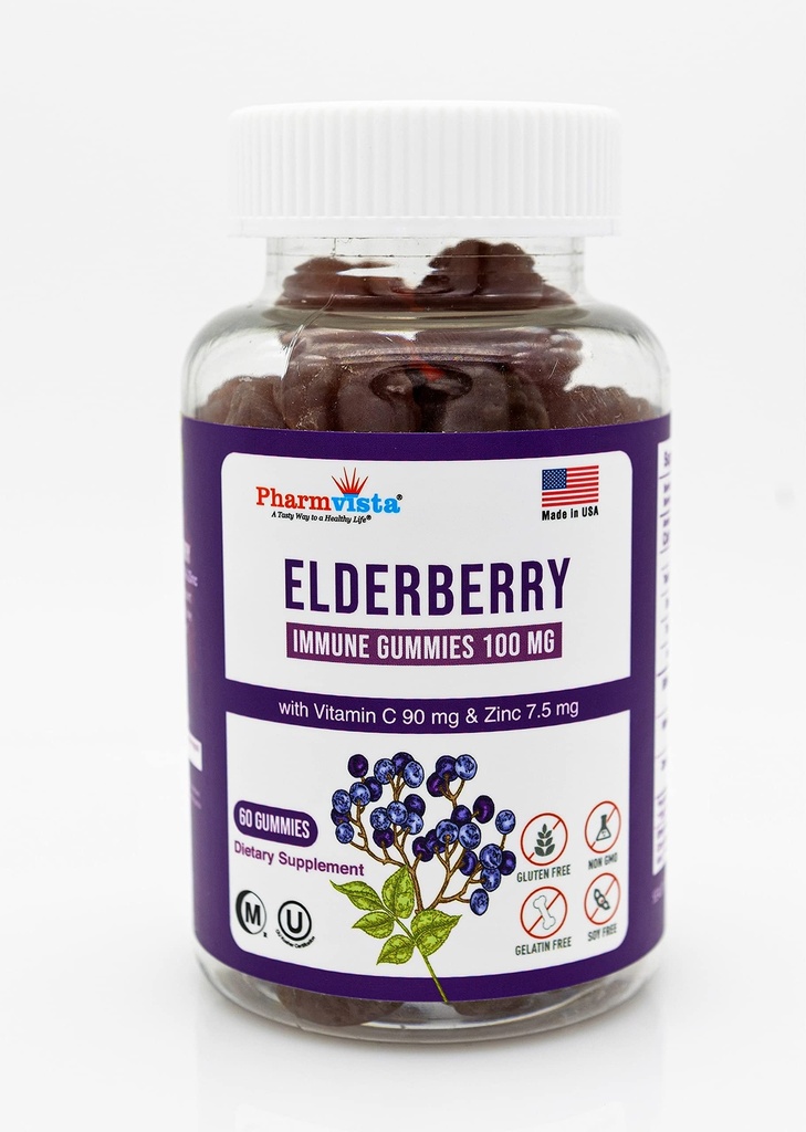 Elderberry Gummies 100mg s vitamínem C a zinkem - Imunitní podpora, Gluten Free Gummies se 7% Anthoycyanin - 60 Počet