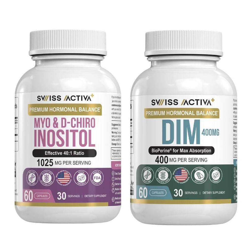 Švýcarská Activa + DIM & Myo- Inositol Bundle - Hormon Balance & PCOS Podpora žen - Menstruační cyklus, nálada, estrogen, a ovariální zdraví - 60denní zásobování