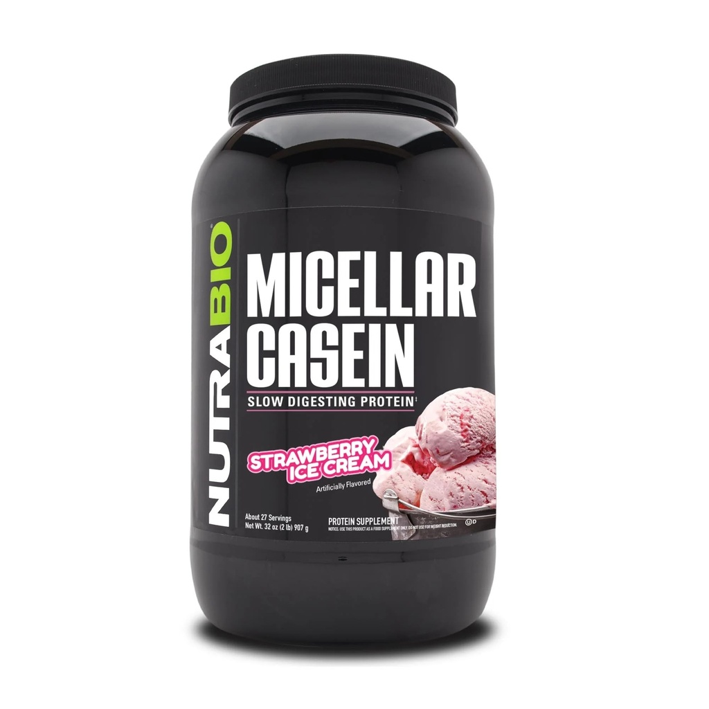 NutraBio Kasein Protein Powder, Micellar Casien Powder, 25g Pomalé trávení bílkovin, pomáhá udržet vás plný, přes noc svalové obnovy & růst, BCAA & EAA, gluten zdarma, Soy Free, 2lb Jahodová zmrzlina