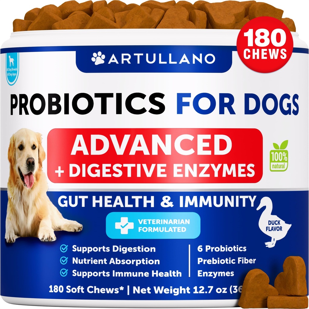Probiotika pro psy - Podpora Gut Health, Itchy Skin, Alergie, Imunita, Kvasinková rovnováha - Psí probiotika a trávicí enzymy s prebiotiky - Snížit průjem, plyn - 180 Probiotické žvýkání pro psy
