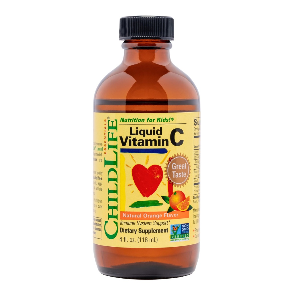 Dětský život ESSENTIALS tekutý vitamin C - čistý vitamín C Tekutý dodatek pro děti, Podpora imunitního systému, Velká chuť - přírodní pomeranč, 4 Fl Oz (balení po 1)
