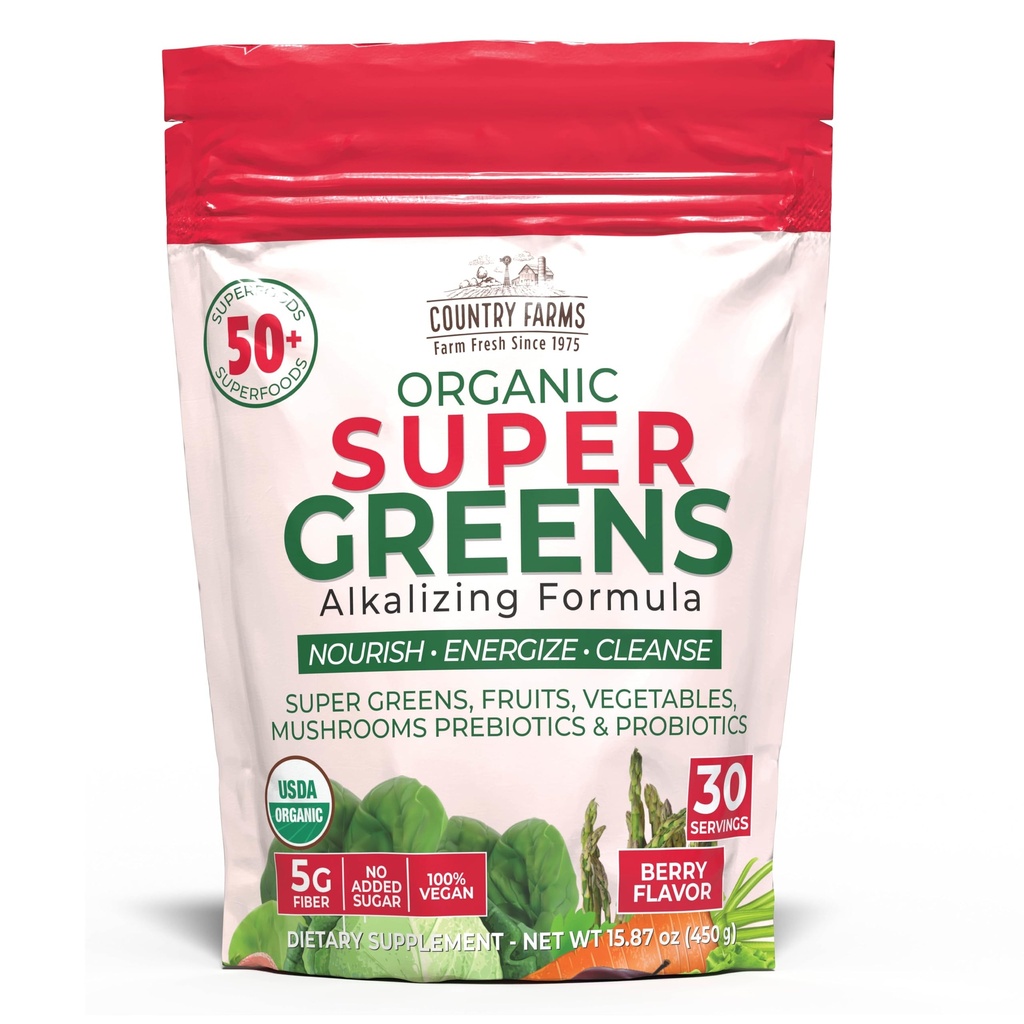Country Farms Super Green Berry Flavor, 50 Organic Super Foods, USDA Organic Drink Mix (Wheat Grass, Spirulina, Chlorella) Houby & Probiotika, s Fiber, Gut Health, Natural Energy, 30 Servings