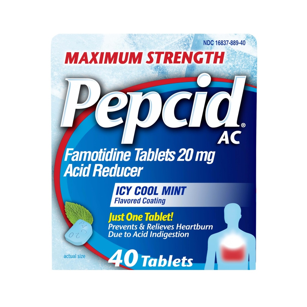 Pepcid AC Maximální síla Heartburn Relief Tablety, OTC Medicine Prevents & Relieves Heartburn Vzhledem k kyselé požití a zápach žaludku, 20mg Famotidin Acid Reducer, ICY Cool Mint, 40 ct
