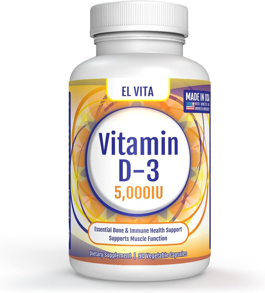 90 Rostlinné kapsle Vitamin D. D3 5000IU (125 MCG) Vysoce potentní imunitní podpůrný doplněk stravy. Zdravá svalová obnova Pokročilá. Vzorec Non- GMO
