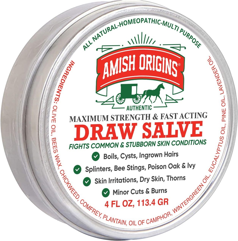 Amish Origins Kreslení Salve Ointment, 4 oz Maximální síla rychle působící Draw Salve pro třísky, Boil, Bee Stings, Cyst, Anti Itch Cream, Made in USA