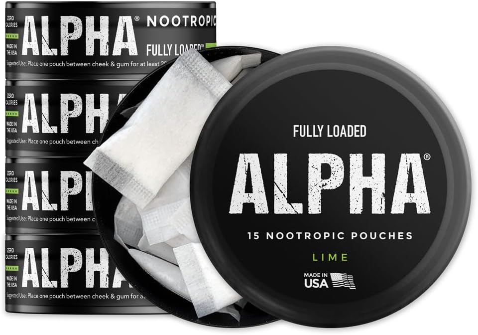 Plně naložené alfa nootropní pouches (Lime) - 5 plechovek - 15 Pouches per can - Efektivní nootropní dodávka, Nic Pouch náhrada - Rychlejší absorpce, Alpha GPC, L-Tyrosin, GABA