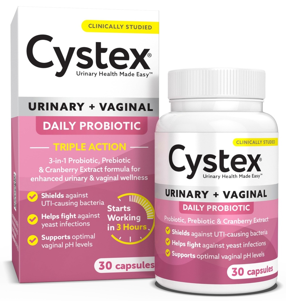 Cystex 3- in-1 Močový trakt Probiotický pro ženy - Fast- působící UTI a kvasinková infekce Podpora s prebiotika, probiotika, & brusinky - Podporuje Vaginální pH & Flora bilance - 30 Kapsle