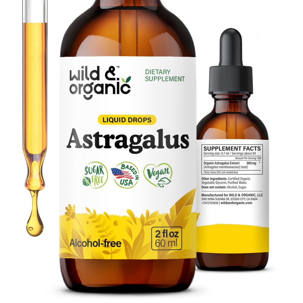 Wild & Organic Astragalus Tincture - Imunitate Support Drops w / Astragalus Root Extract - Bylinný dodatek pro Calmness & Relaxation - Vegan, Cukr & Alkohol Free - 2 fl oz