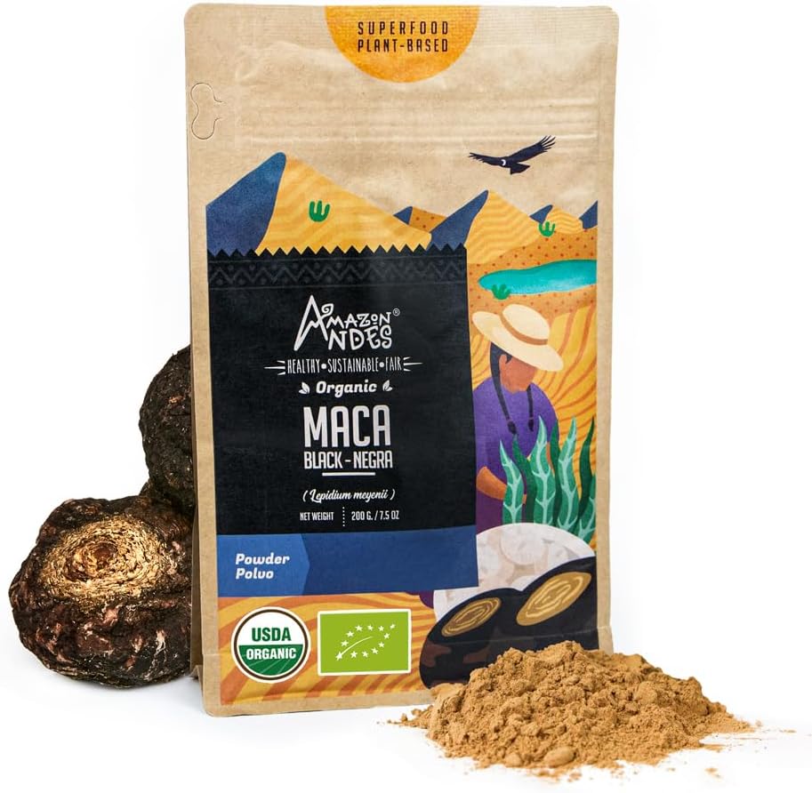 Andes Black Maca Root Powder (Lepidium meyenii) - obsahuje karbohydráty a minerální látky - Adaptogen superfood & Health Promoter - Gelatinized, Vegan, Non- GMO & Allegen- free - 7 Ounce (40 Služeb)