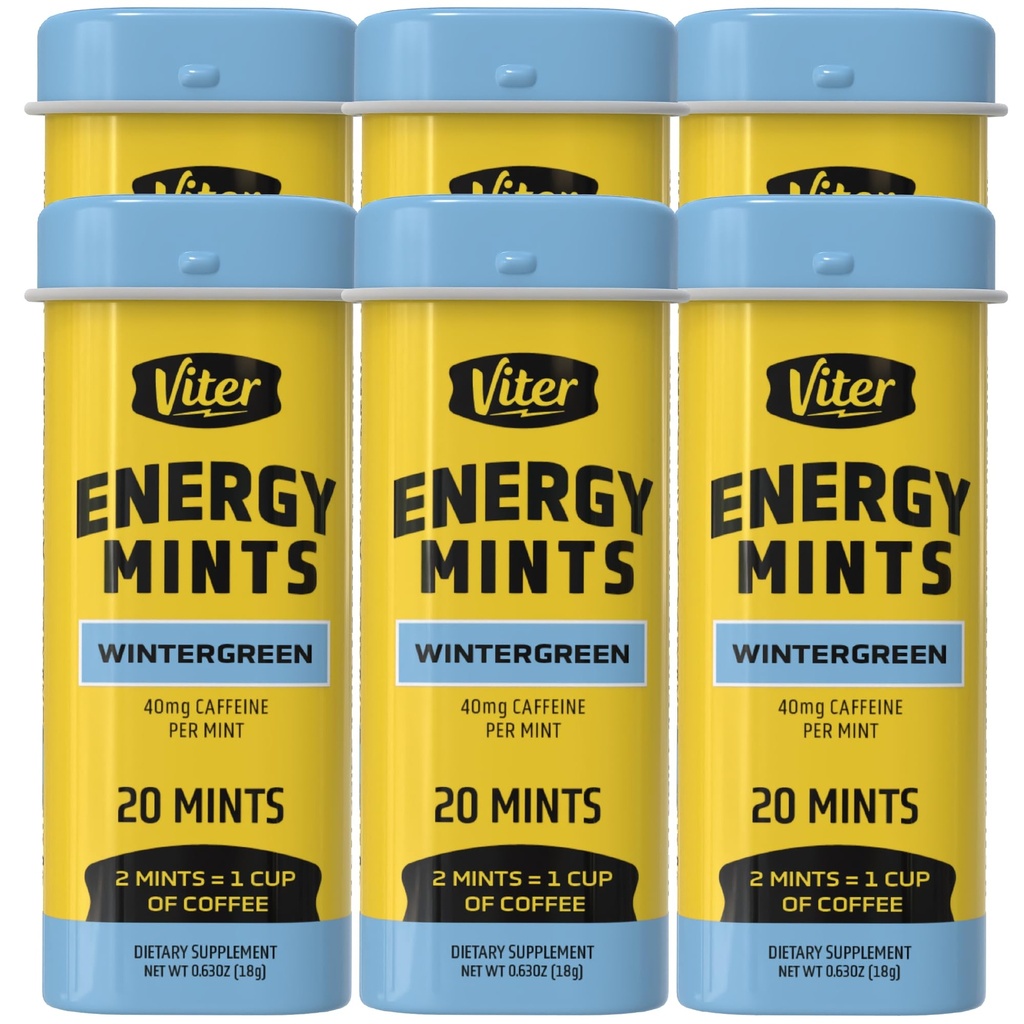 Viter Energy Caffeinated Mints 40 mg kofein, B vitaminy, cukr zdarma. (Wintergreen, 20ks, 6 Pack)