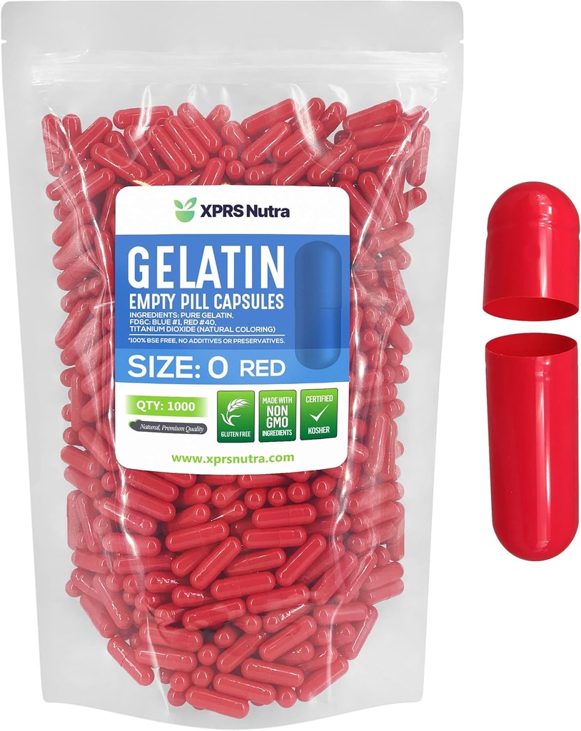 XPRS Nutra Velikost 0 Prázdné kapsle - 1000 Počet prázdných želatiny Kapsle - Prášky DIY Kapsle Náplň - Čisté Bovine Pill Gel Caps pro Do- It- Vaše vlastní doplňky (červená)