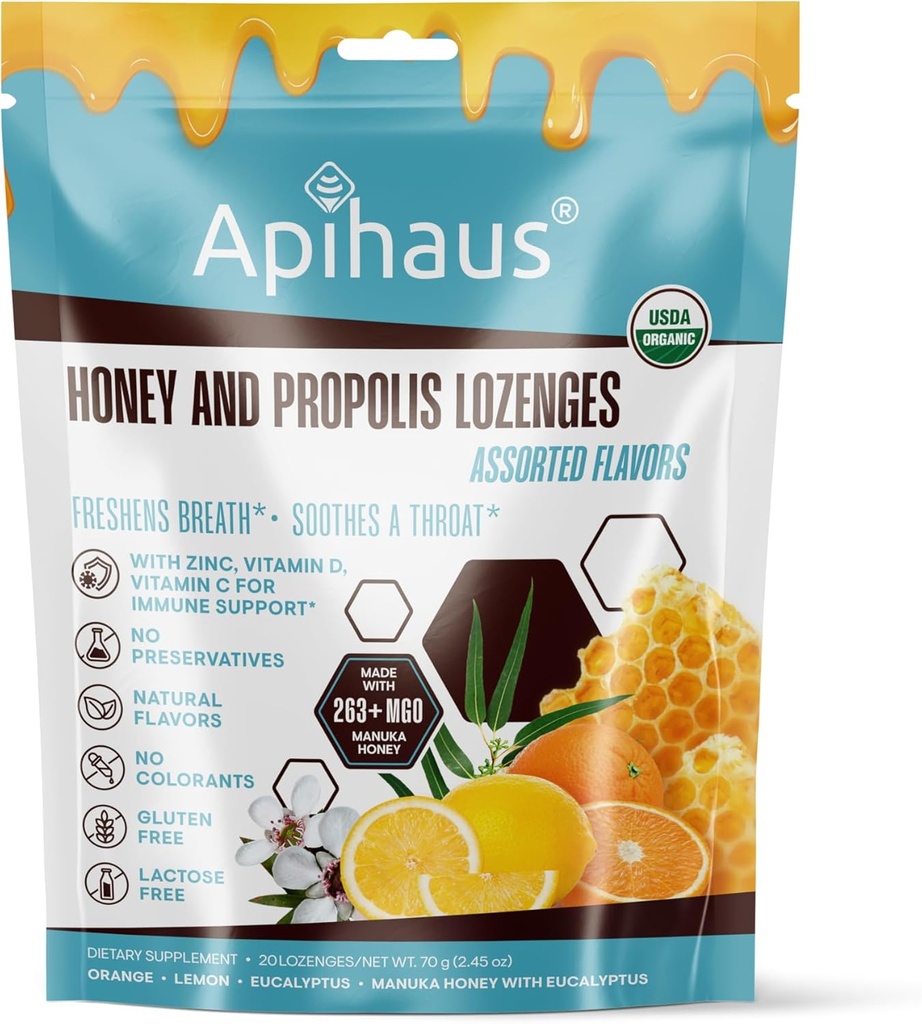 Med a Propolis Lozenges Agrid Flavors, Freshens Dech - Uklidní hrdlo - Imunitní podpora s vitamínem C, Vitamin D a zinek, 20 Počet