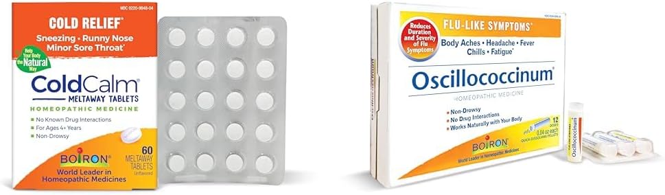 Boiron ColdCalm Tablety pro úlevu od běžných studených příznaků, jako je vyžírání a oscilococcinum pro úlevu od flu- jako příznaky tělesné činnosti, bolest hlavy, horečka, zimnice a únava - 12 Počet