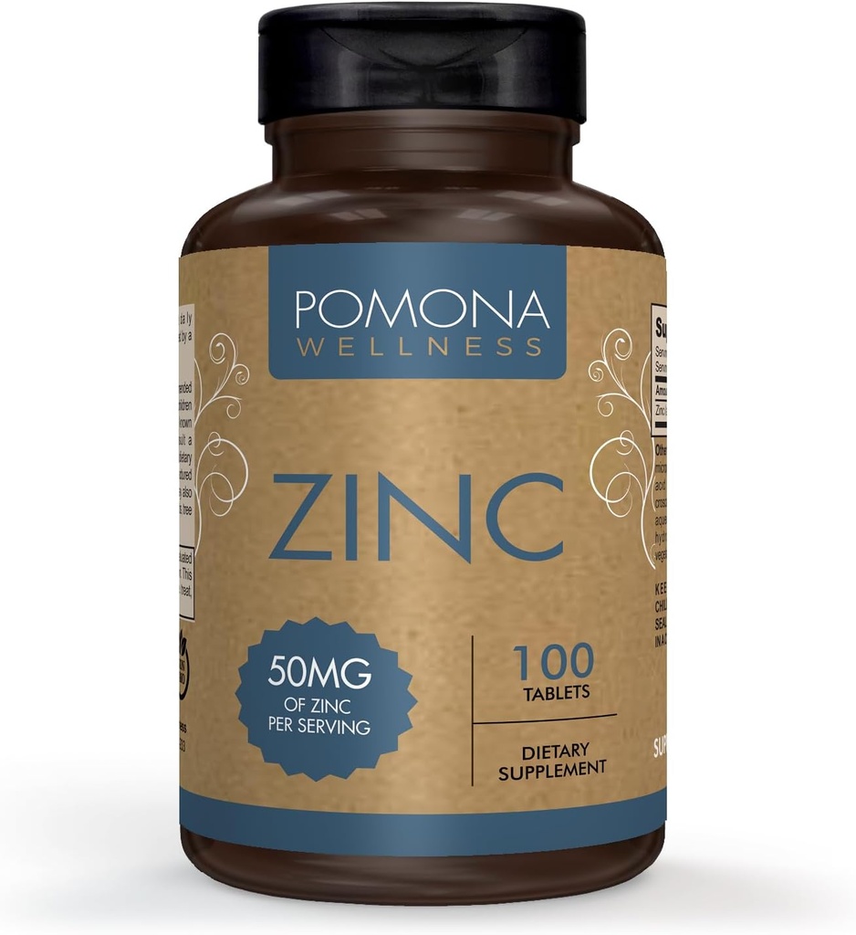 Pomona Wellness zink doplňky pro dospělé, 50mg, Kožní zdraví a imunitní podpora, Snadno polykat, Antioxidant A celkové zdraví, Vegan, Non- GMO, 100 tablet