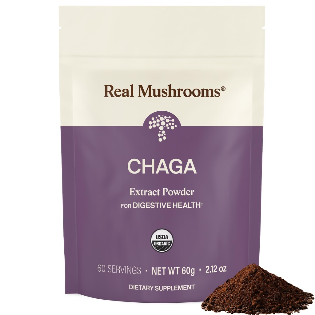 Real Houby Chaga Houba Powder - Organic Chaga Extract from Fruiting Body - for Daily Wellness & Energy Support - Vegan, Non- GMO, 60 Servings Houbový dodatek