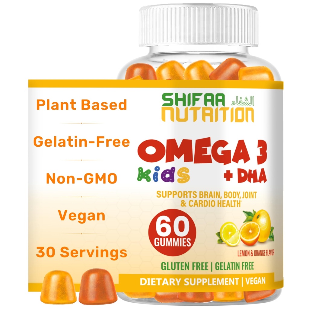 SHIFAA NUTRITION HALAL Omega 3 pro děti s DHA Gummies pro vývoj mozku, srdce a imunitní podpora, Plant- based, Non-GMO, Algae-based DHA, gluten & Gelatin- Free Kids Omega 3 Gummies, 30 Sluhy