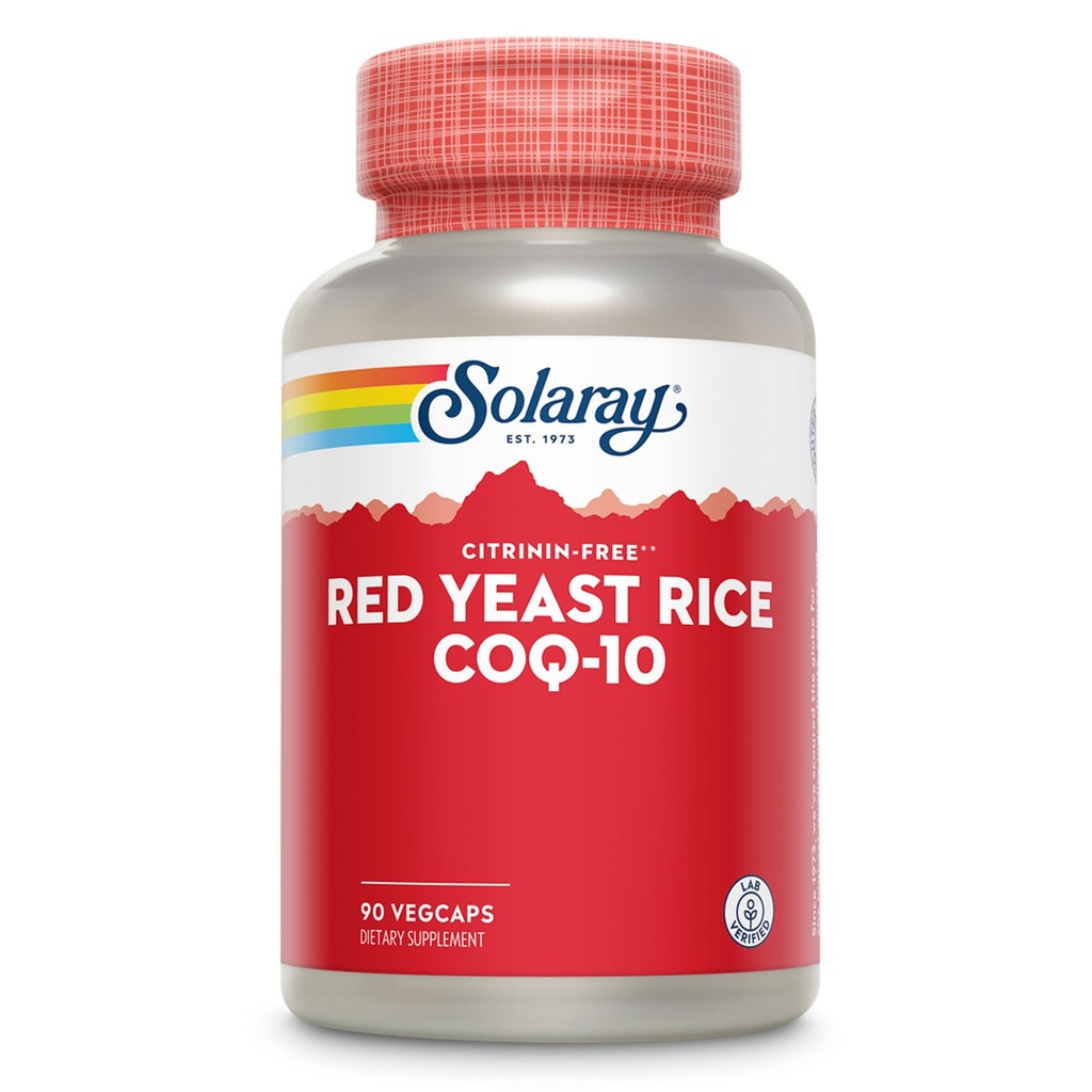 SOLARAY Red Yeast Rice Plus CoQ-10 & No-Flush Niacin Vitamin B-3, Zdravé srdce a kardiovaskulární podpora, Non- ozářený & Citrinin zdarma, 60 denní záruka vrácení peněz, 90 Služeb, 90 VegCaps