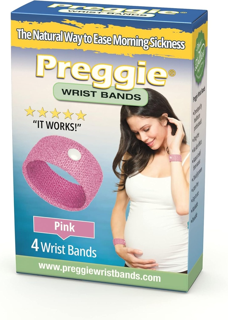 Preggie Anti- Nausea náramky - Ranní Nemoci Relief - Klinicky testované Neusea Relief Aid - Těhotenství Nausea Relief - Akupresure náramky - Boční efekt zdarma - 2 páry, Sada 4 kapel - Růžová