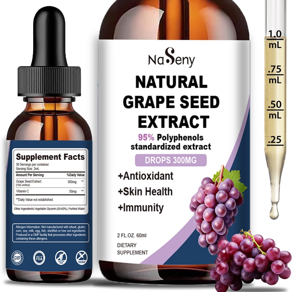 Natural Grape Seed Extract Drops- 300 mg Grape Seed Extract Liquid Supplement - Maximální síla Vitis Vinifera Seed Tincture, standardizované na 95% polyfenoly, Non-GMO, gluten zdarma (60ml)