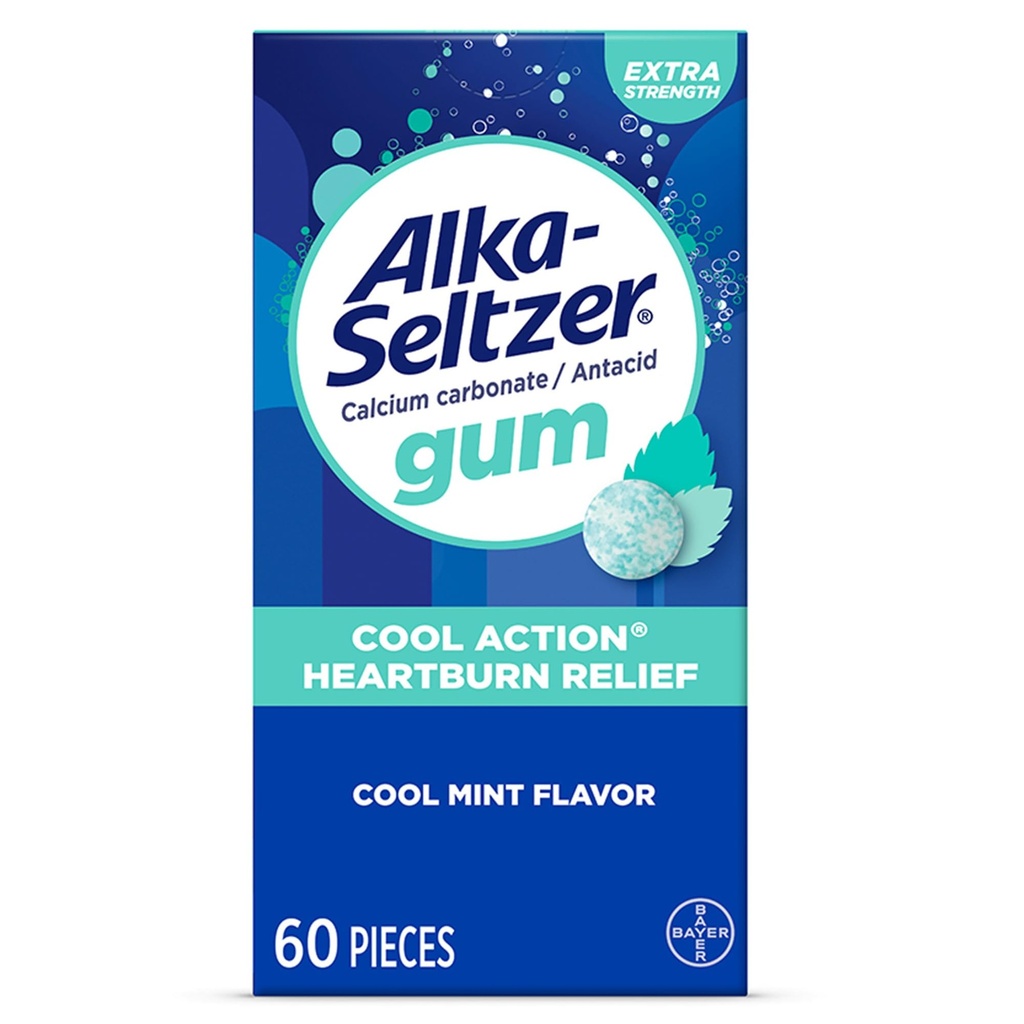Alka- Seltzer Cool Action Heartburn Relief Gum, Extra Strength Antacid Gum, Acid Požití a Upset Stomach Relief, No Chalky Chuť, Cool Mint Flavor, 60 Počet