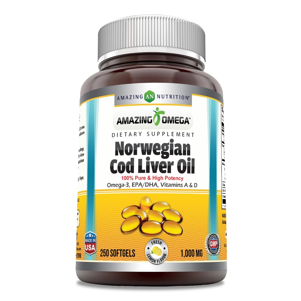 Úžasný Omega Norský Cod Jaterní olej 1000 Mg 250 Softgels 124; Lemon Flavor