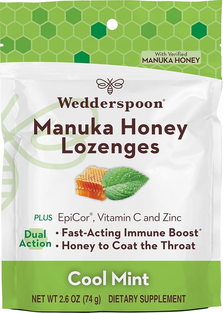 Wedderspoon Manuka Med Imunity Lozenges, Cool Mint, 2.6 Oz (balení po 1), Genuine New Zealand Med, Boost imunity během dvou hodin