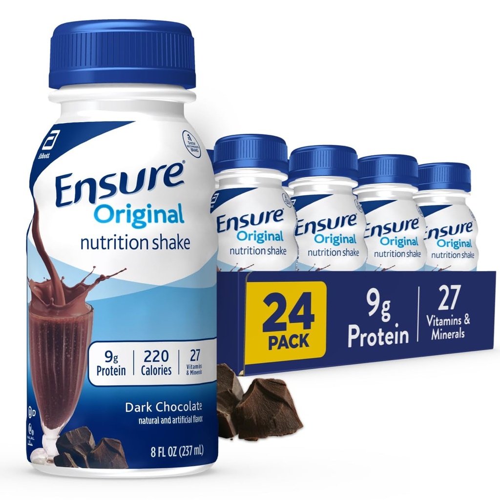 Zajistit Original Dark Chocolate Nutrition Shake 124; Small Meal Replacement Shake 124; Ready to Drink 124; 9g Protein, 27 Vitamíny a minerály 124; 8 fl oz - 24 Pack