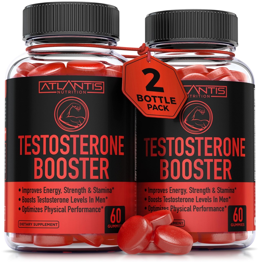 Atlantis Nutrition Testosteron Booster Gummies for men - Vylepšuje sílu & Stamina - Optimalizuje výkon & Muž Vylepšení - Vyrobeno s Tribulus, Horny Kozí Tráva, Maca Root 124; 2-Pack (120 Gummies)