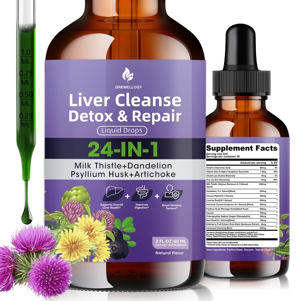 Vyčištění jater Detox & Opravy kapalné kapky - Mléko Thistle, Pampeliška, Psyllium Husk & Artichoke dodatek pro zdraví a stravu jater - Sugar- Free Vegan Extract, 2 Fl Oz (30 Služeb)