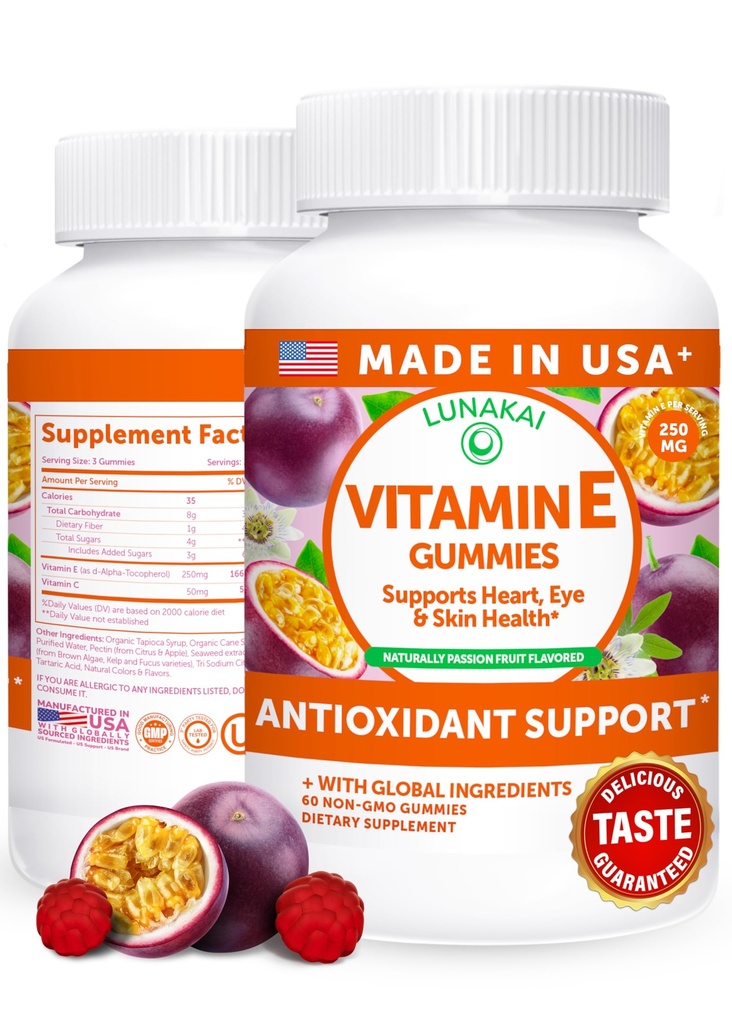 Lunakai USA Made Vitamin E Gummies 400IU s vitaminem C - Delicious, Vegan, Non-GMO dodatek pro denní pokožku a oční podporu, 60ct