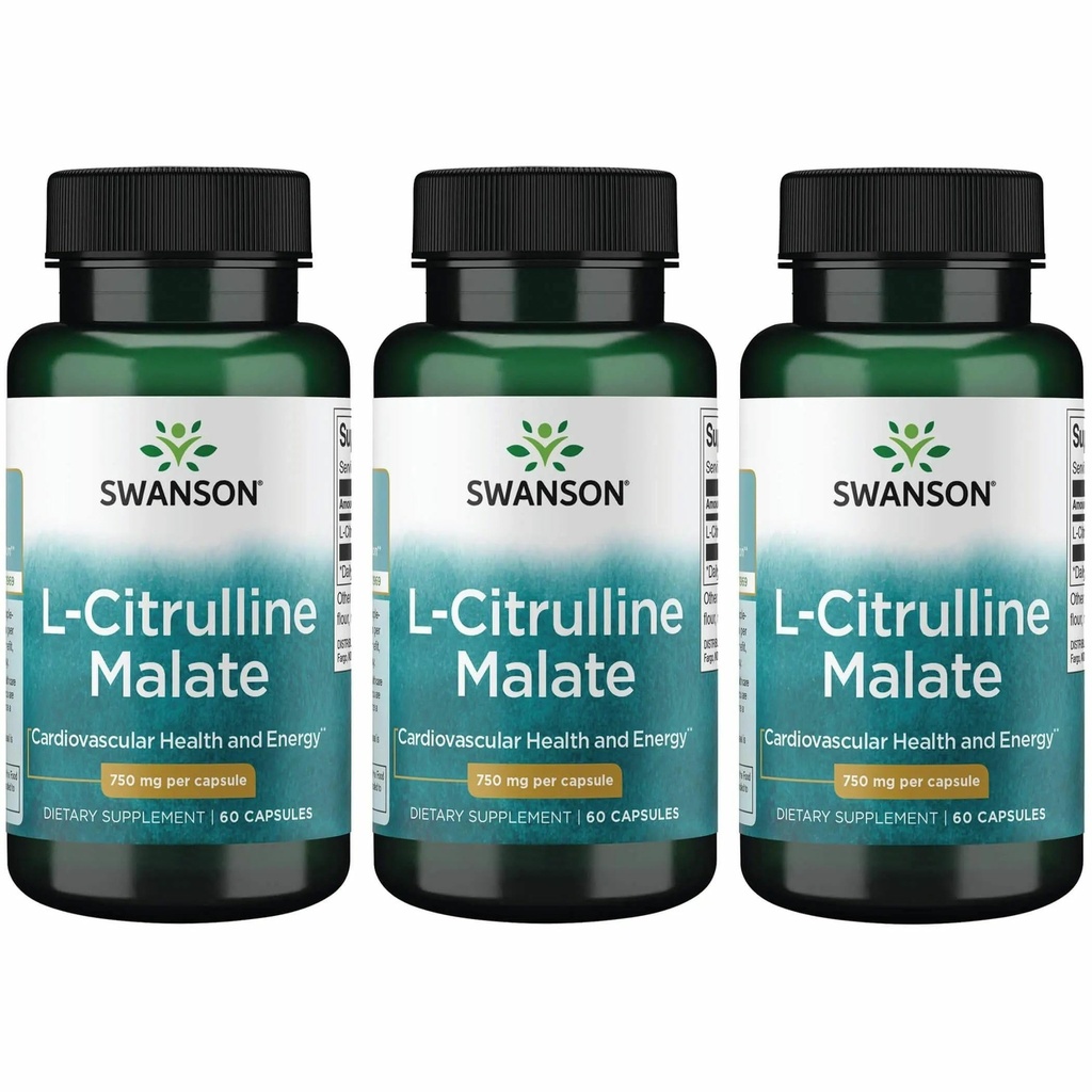 Swanson L- Citrulline Malate - Amino Acid Supplement Promoting Energy Production & Health Blood Circulation - Natural Formule podporující celkové Wellness - (60 kapslí, 750mg každý) (3 balení)