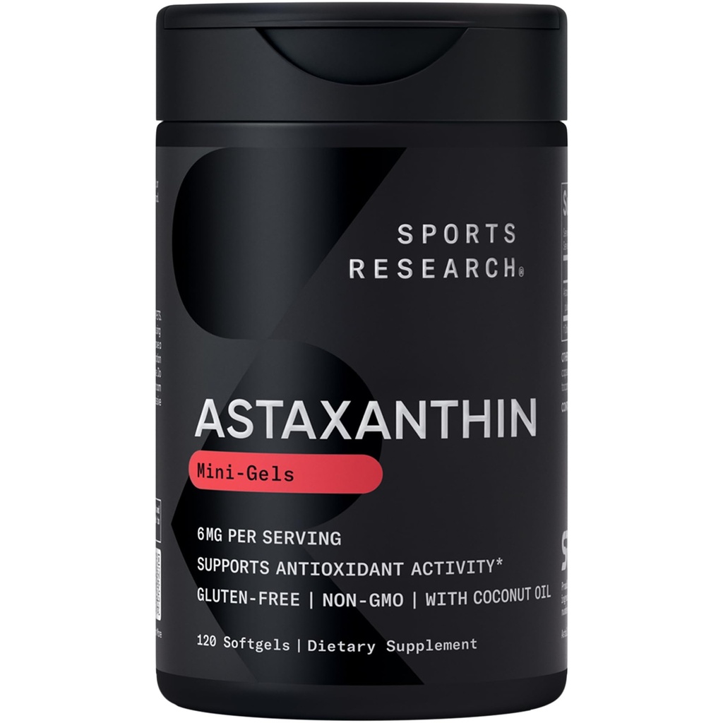 Sportovní výzkum Triple Strength Astaxanthin dodatek (6 mg) s Organic Coconut Oil for Antioxidant Activity, Skin & Eye Health Support - Non- GMO Ověřené & gluten zdarma - 120 Softgels